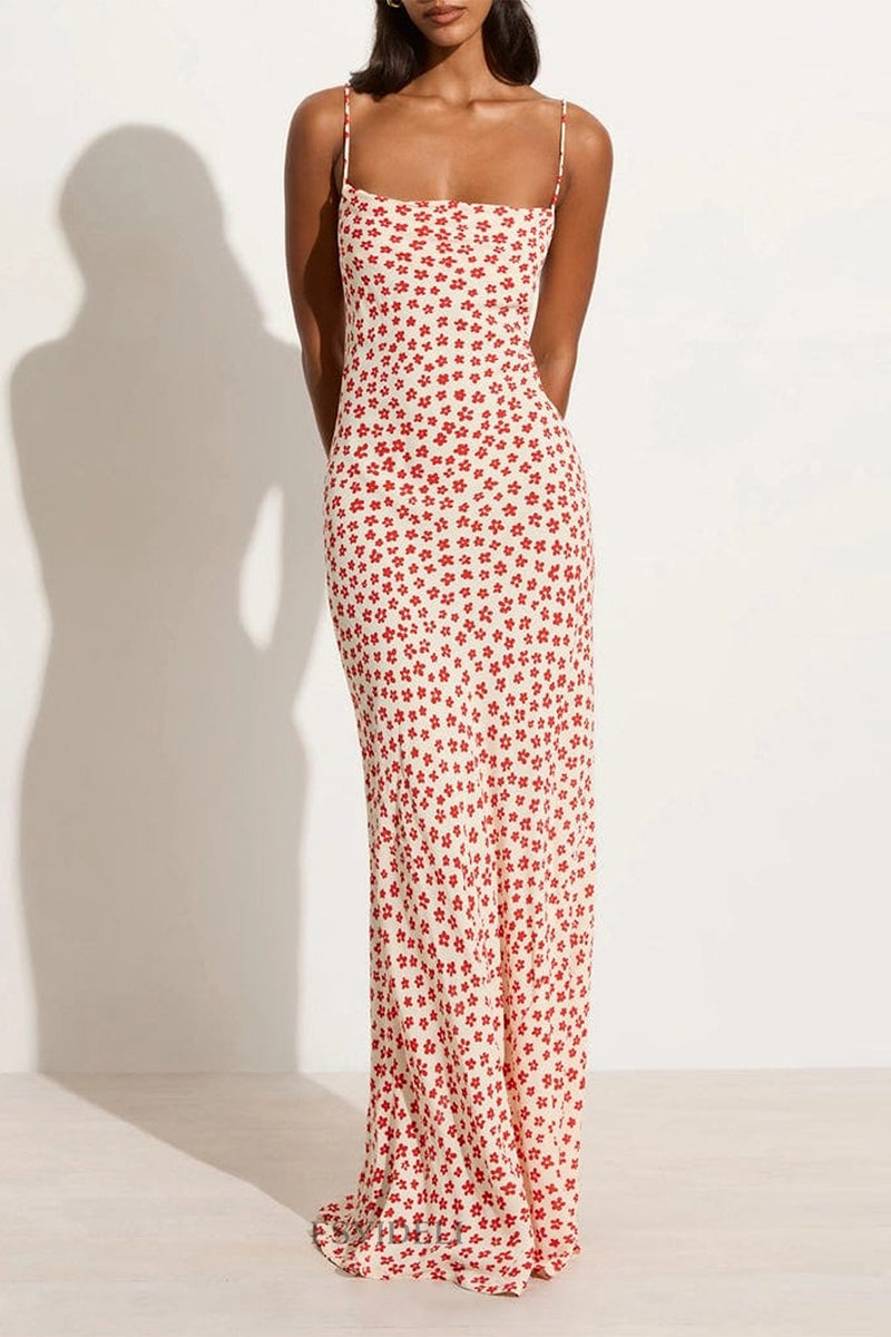 Print Flowers Backless Strap Design U Neck One Step Skirt Dresses(3 Colors)