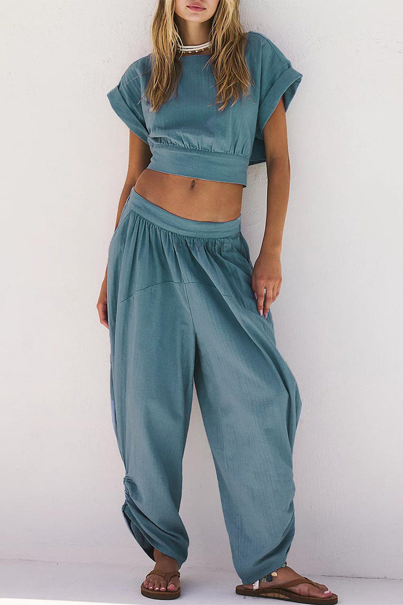 Hollowed Out Strap Design O Neck Short Sleeve Two Pieces