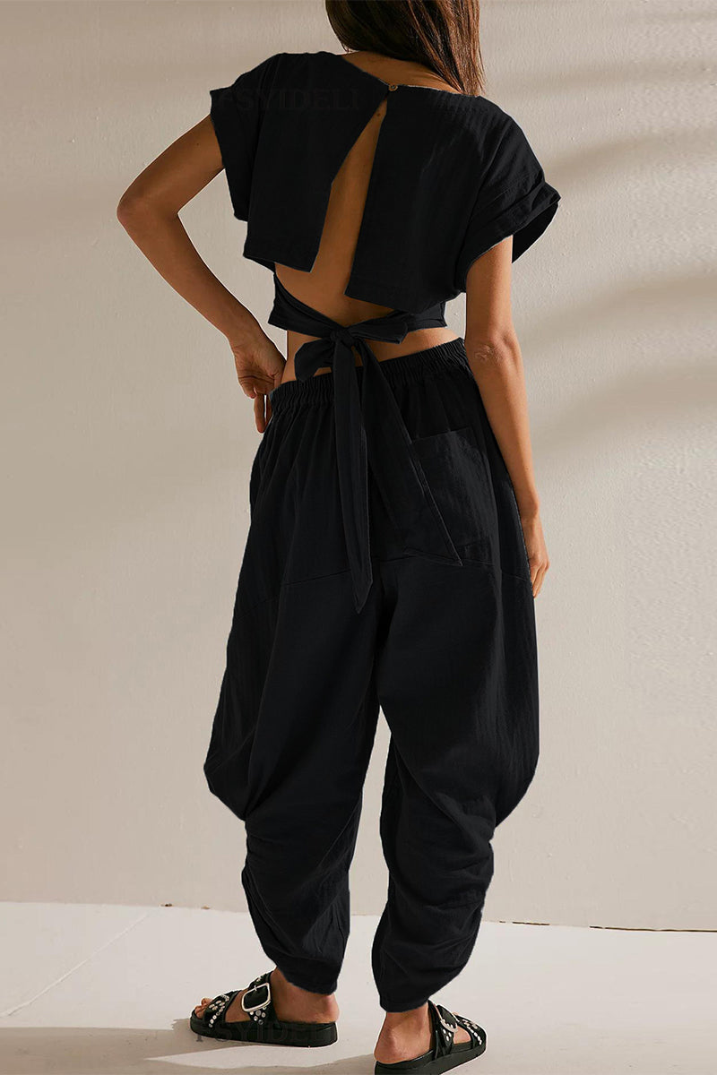 Hollowed Out Strap Design O Neck Short Sleeve Two Pieces