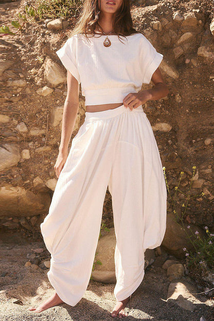Hollowed Out Strap Design O Neck Short Sleeve Two Pieces