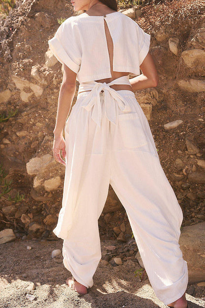Hollowed Out Strap Design O Neck Short Sleeve Two Pieces