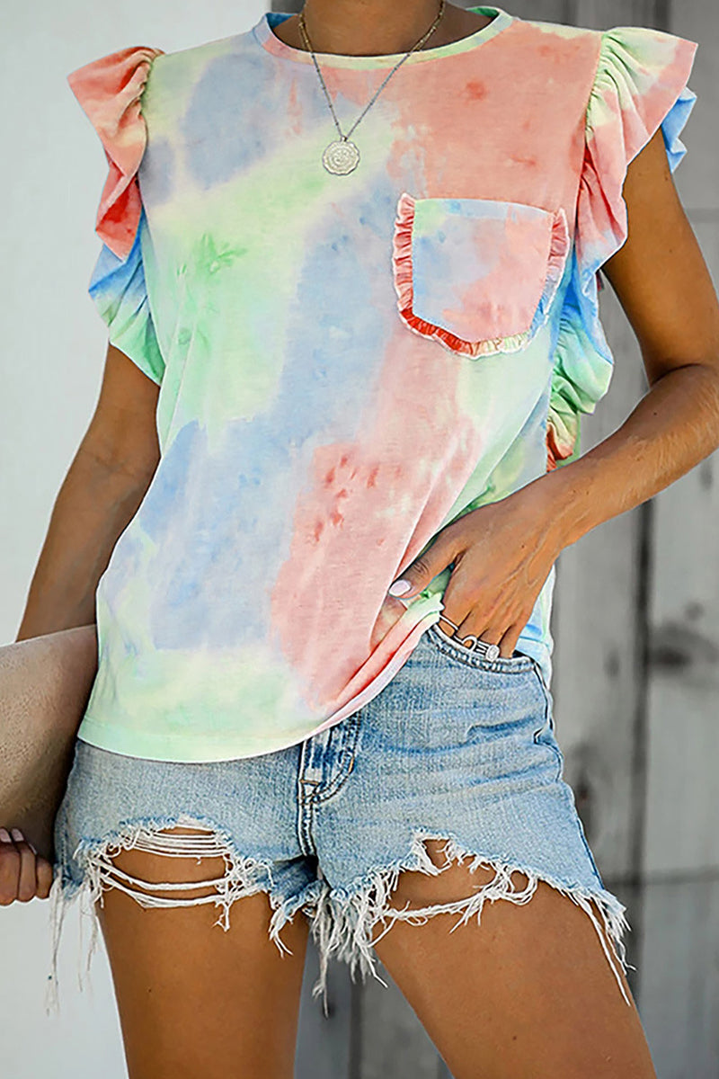Print Flounce O Neck T-shirts