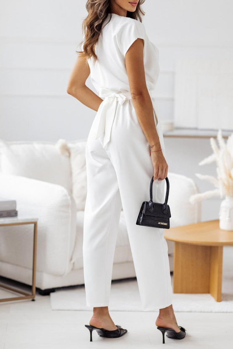 British Style Bandage Pocket V Neck Regular Jumpsuits