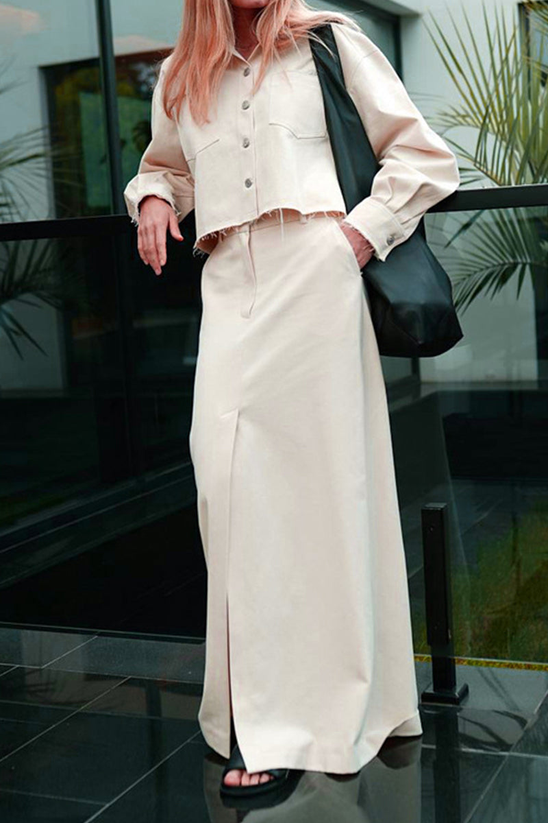 Pocket Turndown Collar Long Sleeve Two Pieces