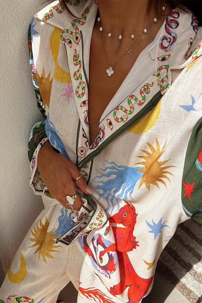 Geometric Print Patchwork Turndown Collar Long Sleeve Two Pieces