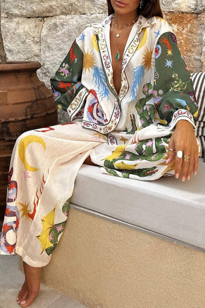 Geometric Print Patchwork Turndown Collar Long Sleeve Two Pieces