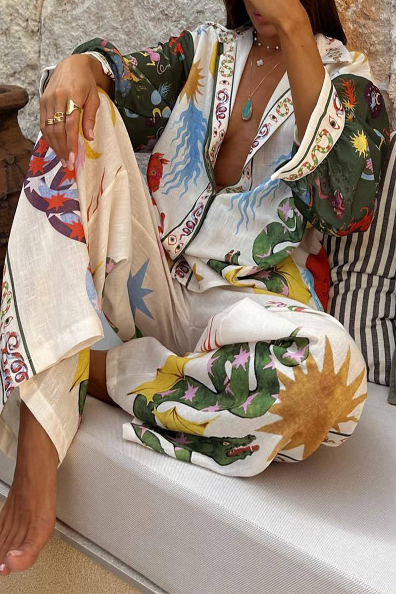 Geometric Print Patchwork Turndown Collar Long Sleeve Two Pieces