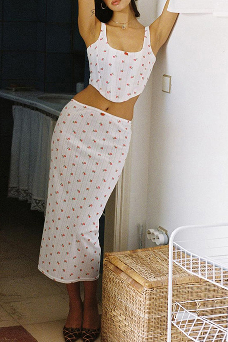 Sweet Print Flowers Backless U Neck Sleeveless Two Pieces