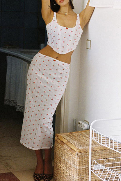 Sweet Print Flowers Backless U Neck Sleeveless Two Pieces