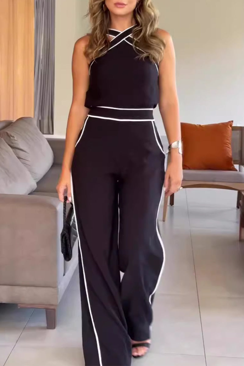 British Style Pocket Contrast Halter Sleeveless Two Pieces