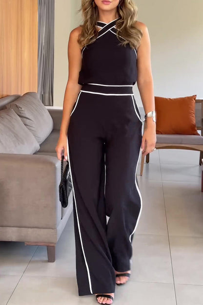 British Style Pocket Contrast Halter Sleeveless Two Pieces