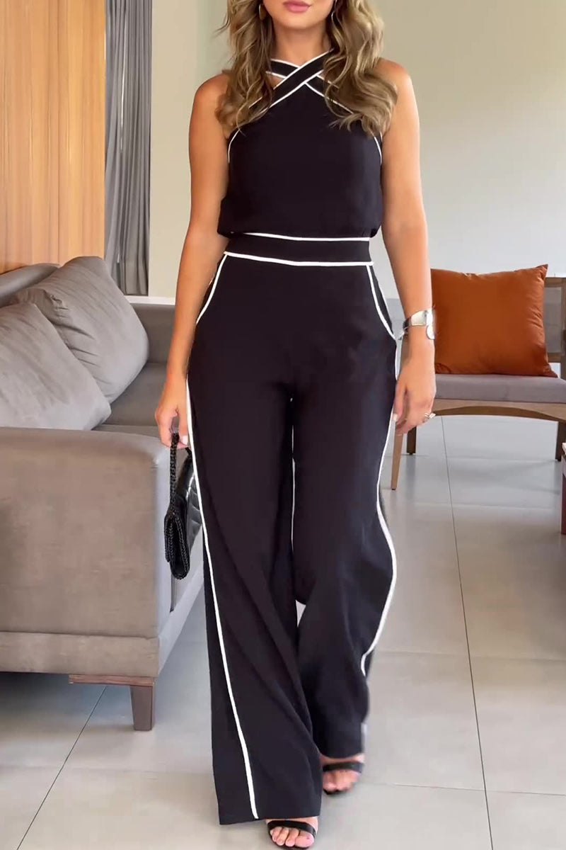 British Style Pocket Contrast Halter Sleeveless Two Pieces
