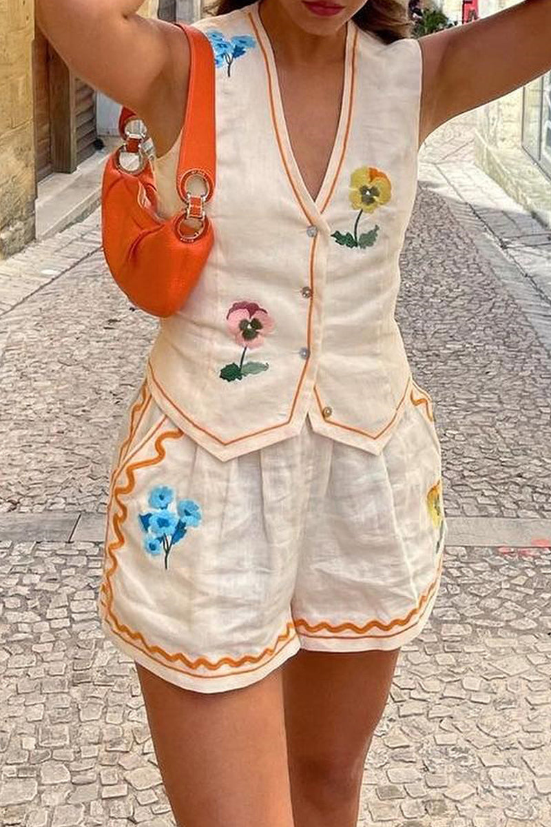 Print Flowers Patchwork Pocket V Neck Sleeveless Two Pieces