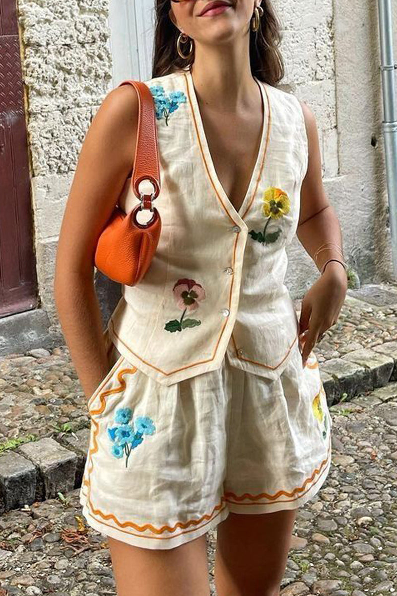 Print Flowers Patchwork Pocket V Neck Sleeveless Two Pieces