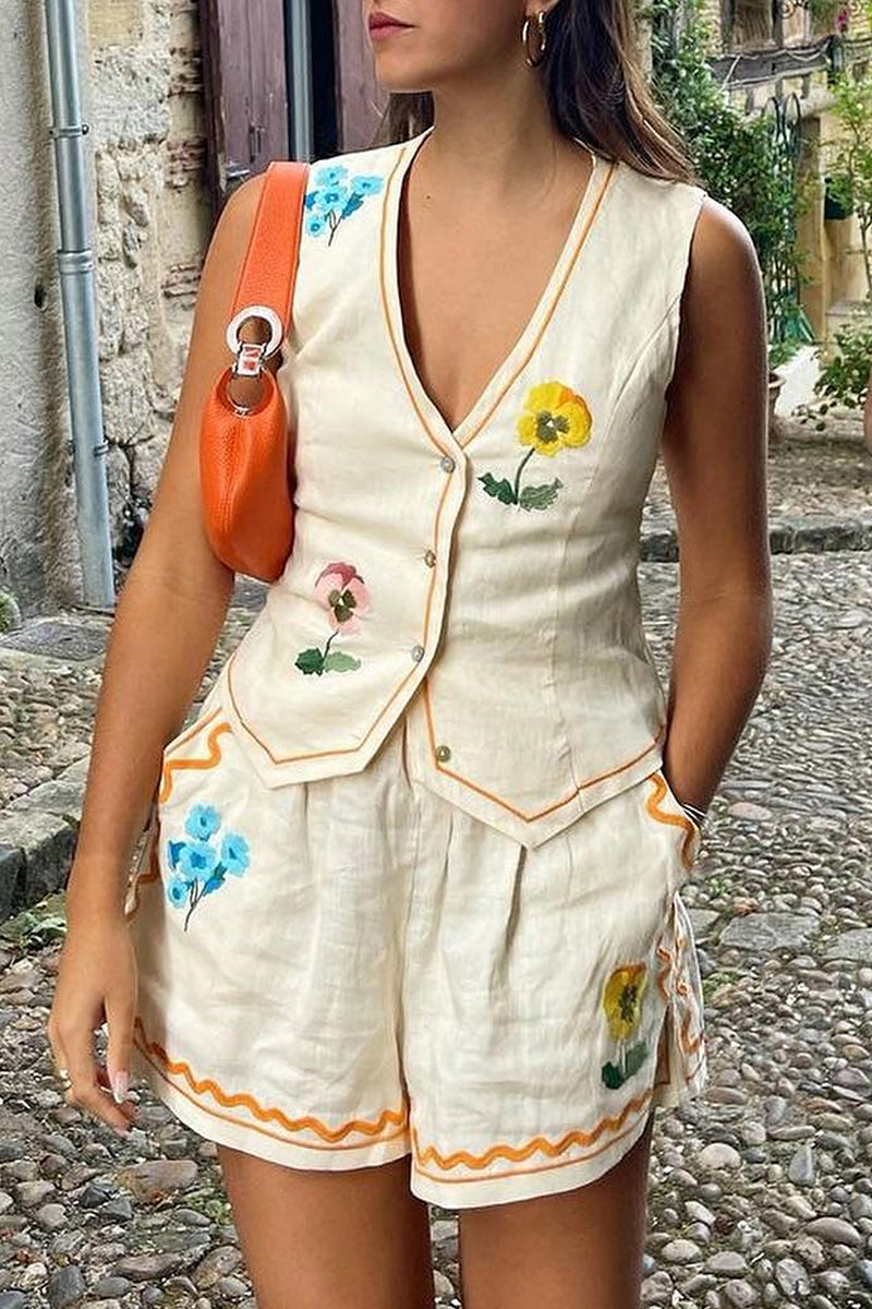 Print Flowers Patchwork Pocket V Neck Sleeveless Two Pieces