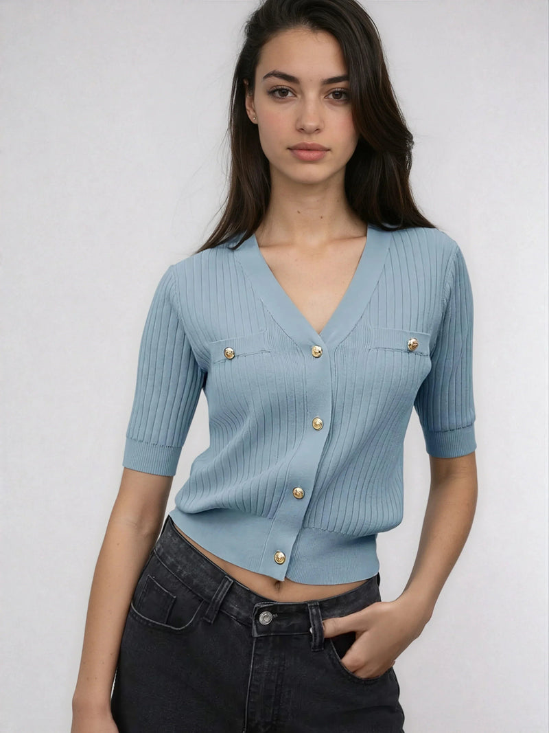 V Neck Knit Sweater With Button Front Short Sleeve