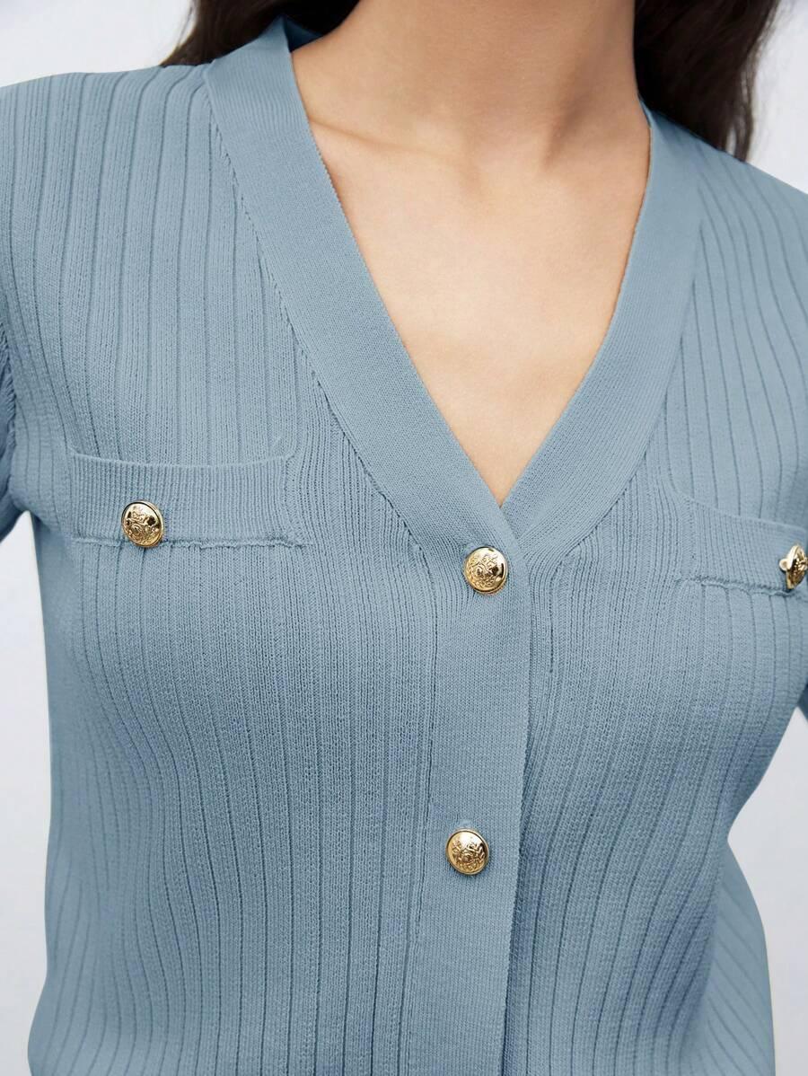 V Neck Knit Sweater With Button Front Short Sleeve