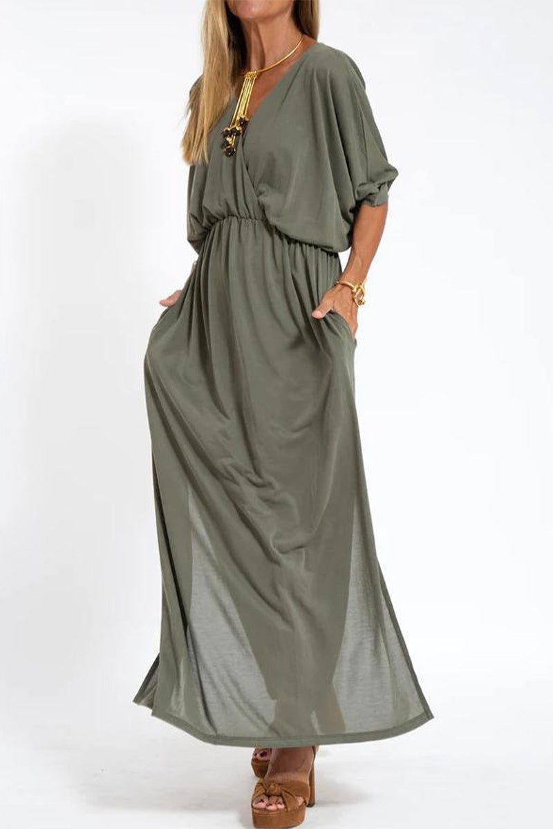 Simplicity Pocket Slit V Neck One Step Skirt Dresses