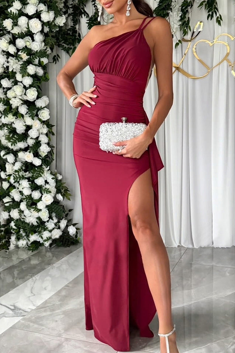 Slit Fold Oblique Collar Waist Skirt Dresses