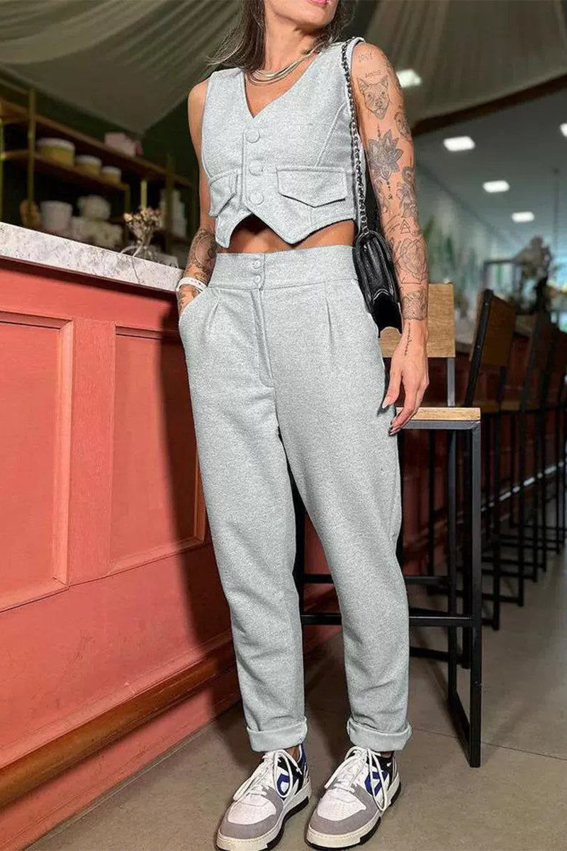 Sportswear British Style Pocket Buttons V Neck Sleeveless Two Pieces