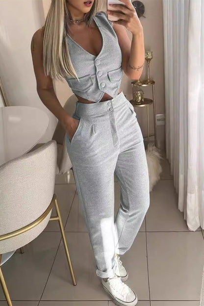 Sportswear British Style Pocket Buttons V Neck Sleeveless Two Pieces