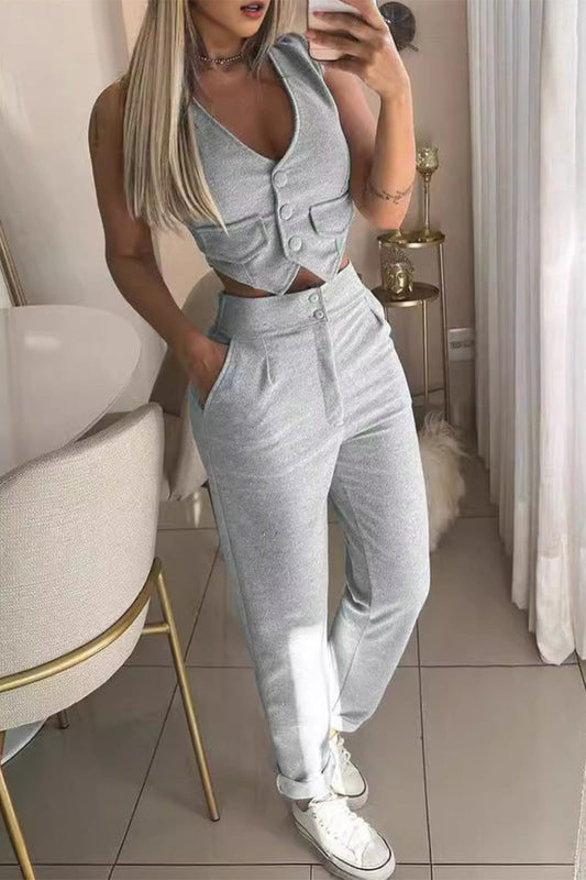 Sportswear British Style Pocket Buttons V Neck Sleeveless Two Pieces