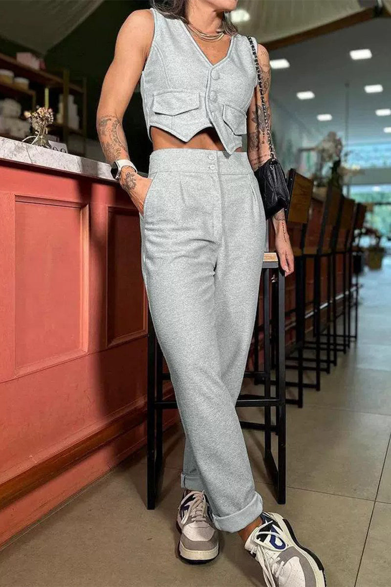 Sportswear British Style Pocket Buttons V Neck Sleeveless Two Pieces