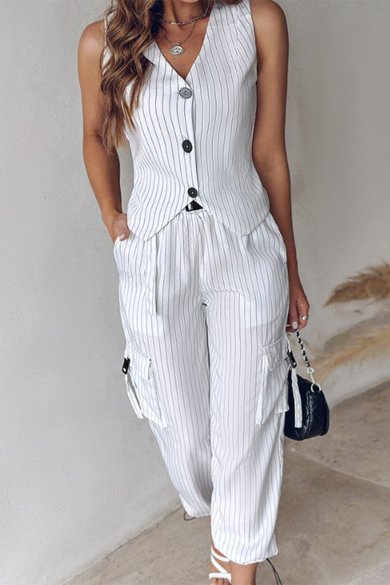 British Style Striped Draw String Pocket Buckle V Neck Sleeveless Two Pieces