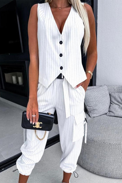 British Style Striped Draw String Pocket Buckle V Neck Sleeveless Two Pieces