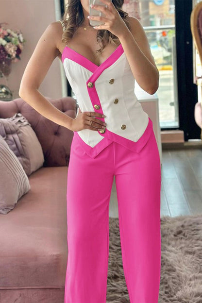 British Style Buttons Contrast V Neck Sleeveless Two Pieces