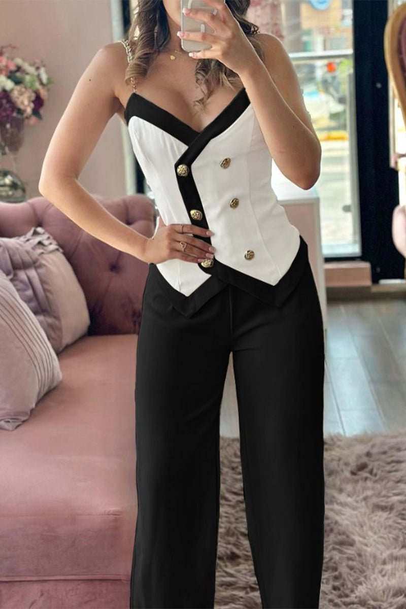 British Style Buttons Contrast V Neck Sleeveless Two Pieces