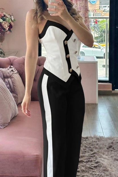 British Style Buttons Contrast V Neck Sleeveless Two Pieces