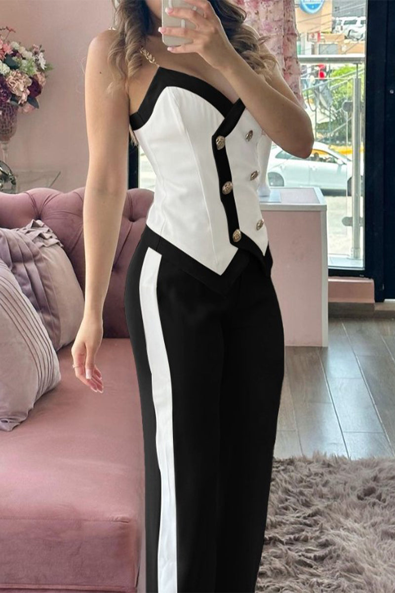 British Style Buttons Contrast V Neck Sleeveless Two Pieces