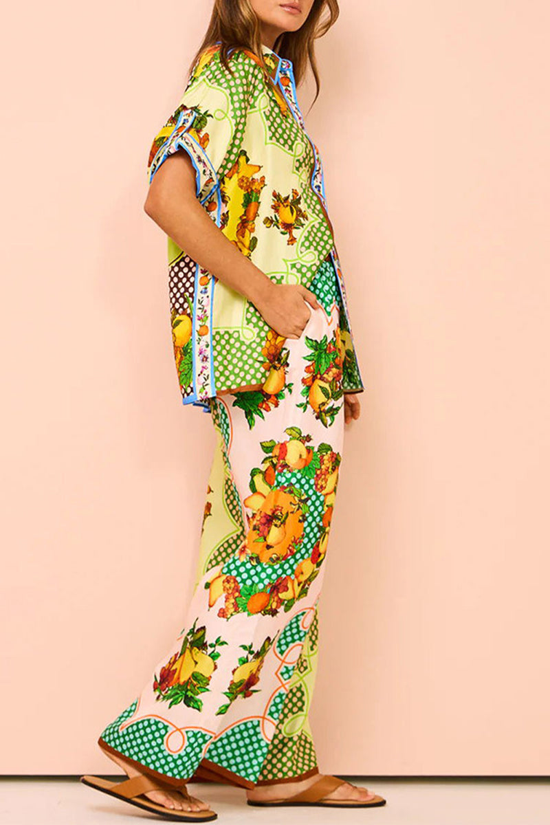 Fruit Printing Pocket Turndown Collar Short Sleeve Two Pieces