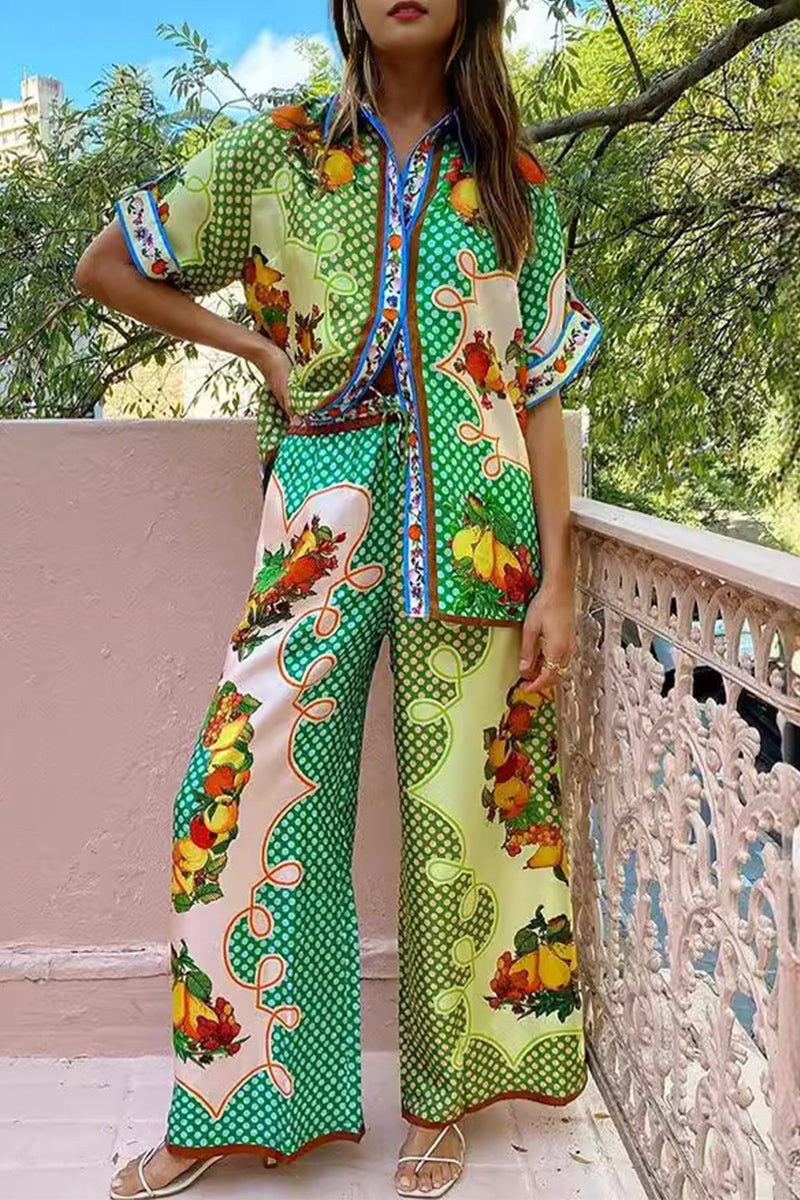 Fruit Printing Pocket Turndown Collar Short Sleeve Two Pieces