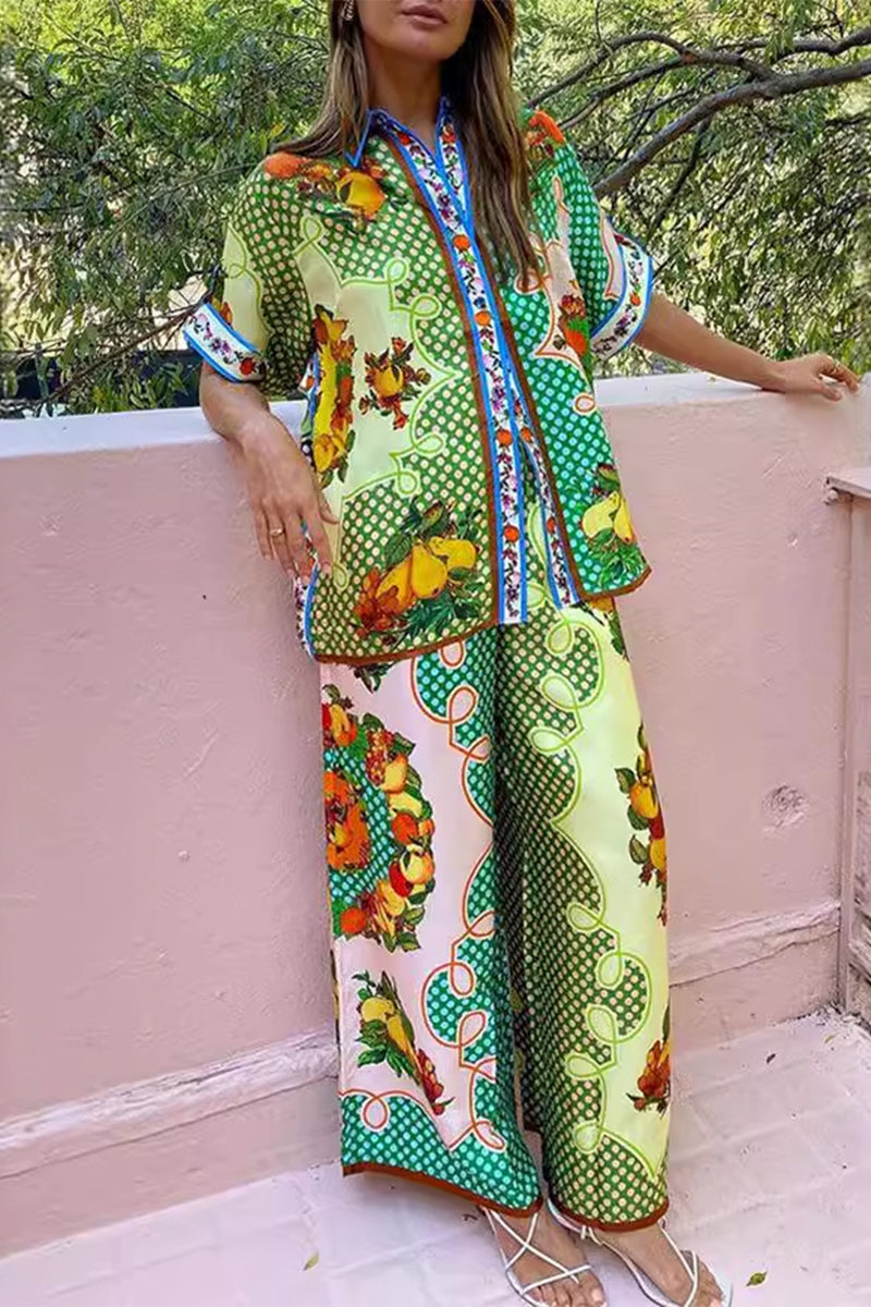 Fruit Printing Pocket Turndown Collar Short Sleeve Two Pieces