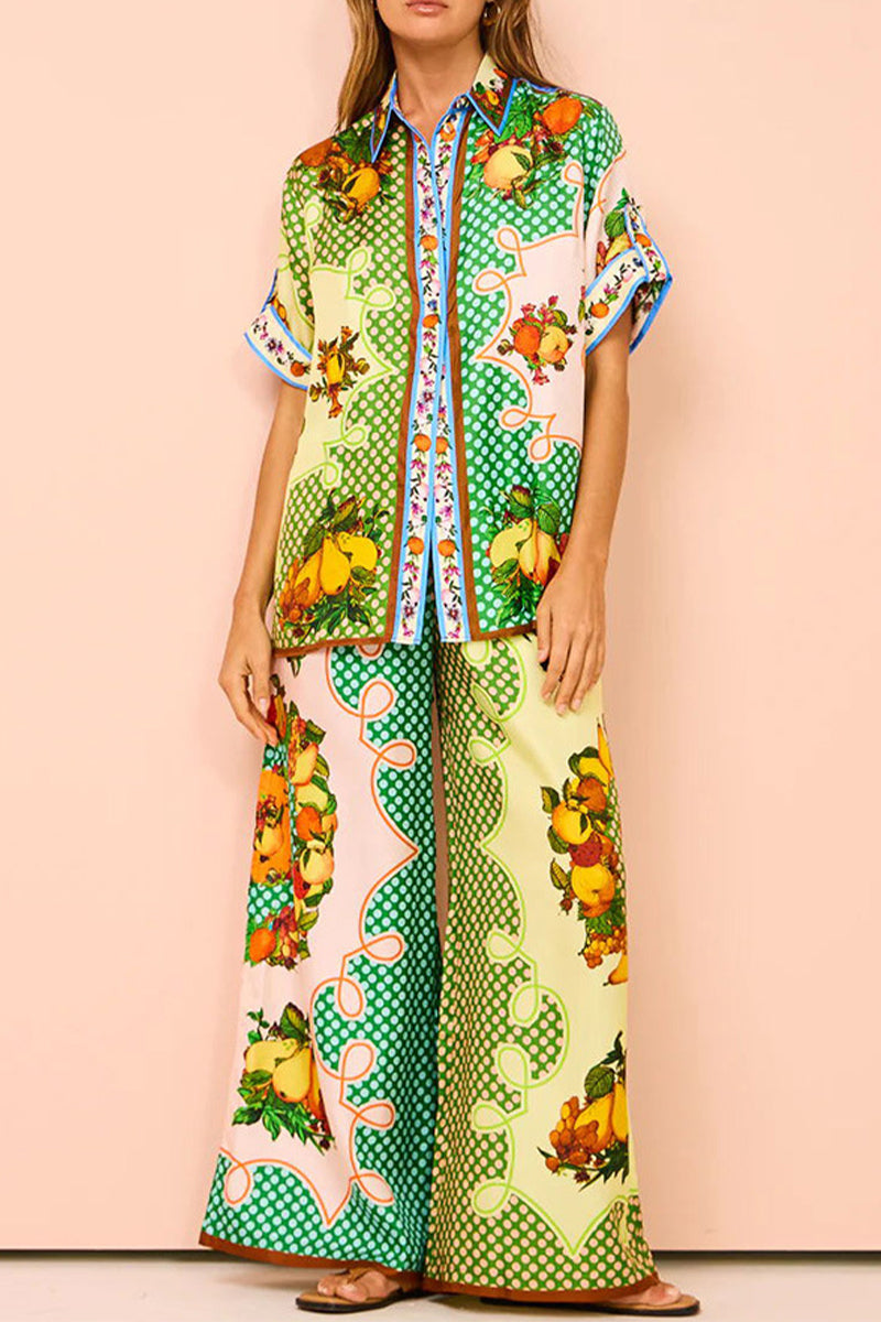 Fruit Printing Pocket Turndown Collar Short Sleeve Two Pieces