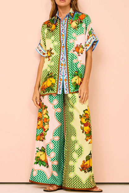 Fruit Printing Pocket Turndown Collar Short Sleeve Two Pieces