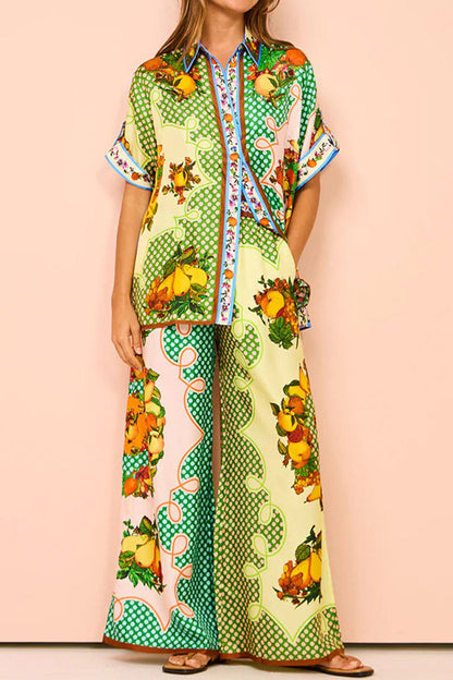 Fruit Printing Pocket Turndown Collar Short Sleeve Two Pieces