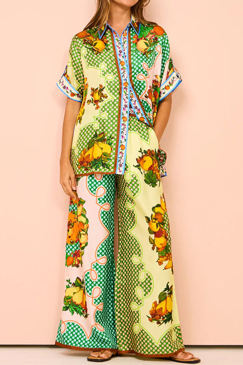 Fruit Printing Pocket Turndown Collar Short Sleeve Two Pieces