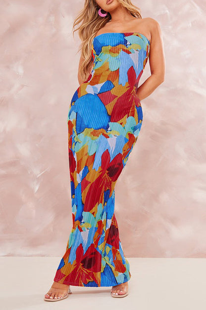 Print Patchwork Fold Strapless Pencil Skirt Dresses
