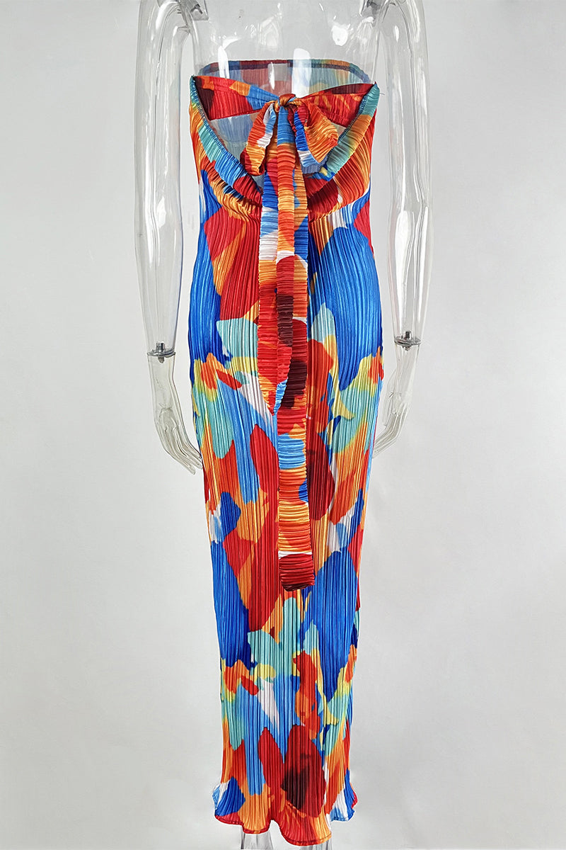 Print Patchwork Fold Strapless Pencil Skirt Dresses