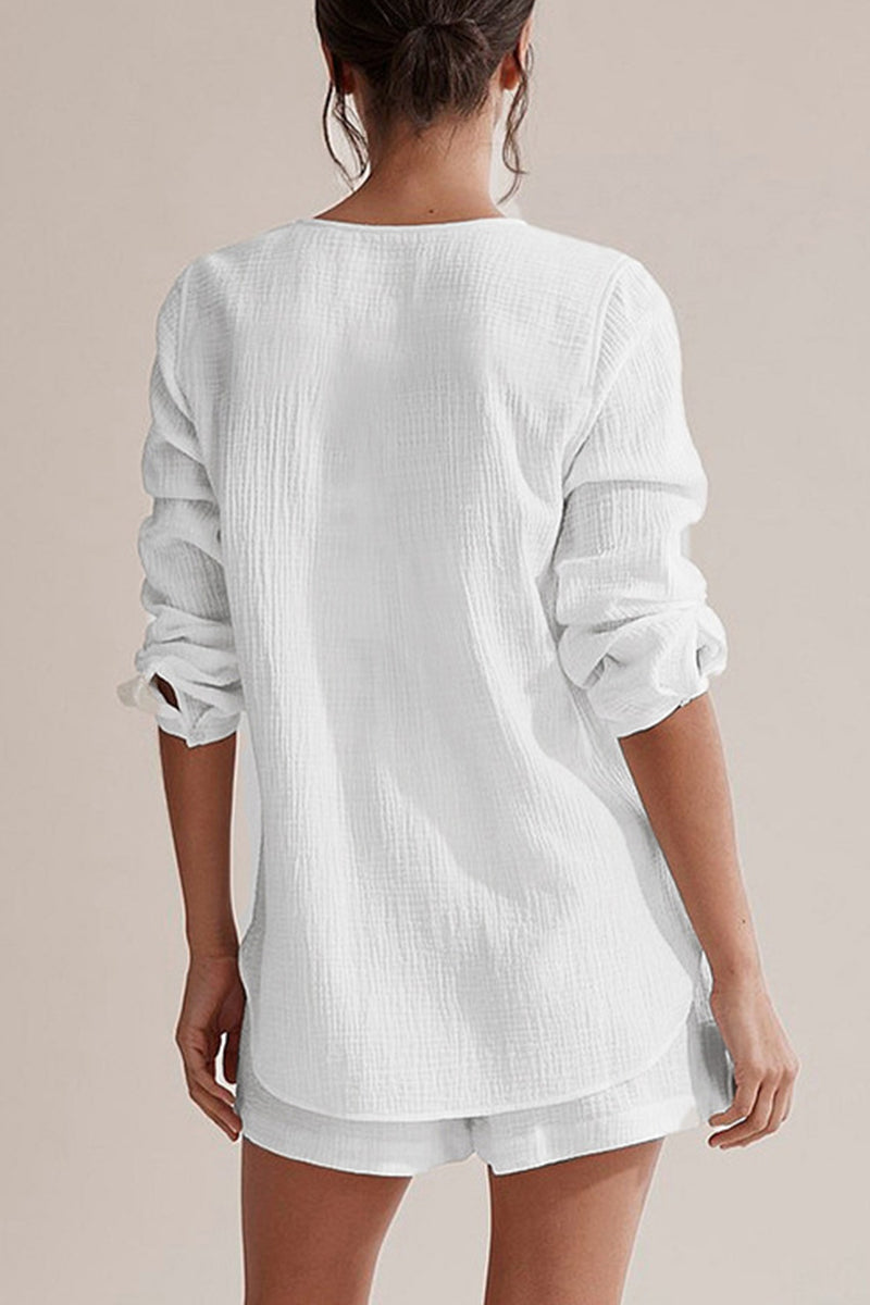 Simplicity Pocket Buttons Fold V Neck Long Sleeve Two Pieces