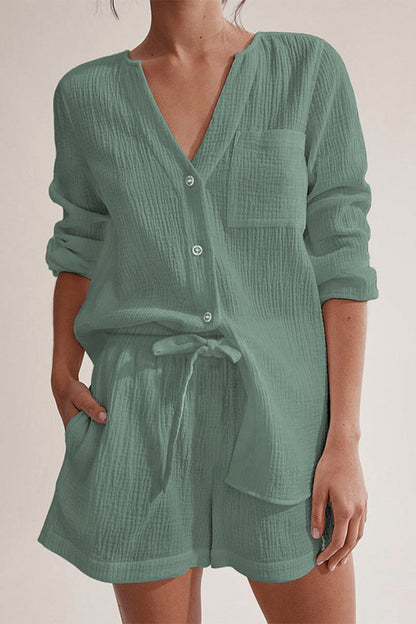 Simplicity Pocket Buttons Fold V Neck Long Sleeve Two Pieces