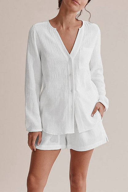 Simplicity Pocket Buttons Fold V Neck Long Sleeve Two Pieces
