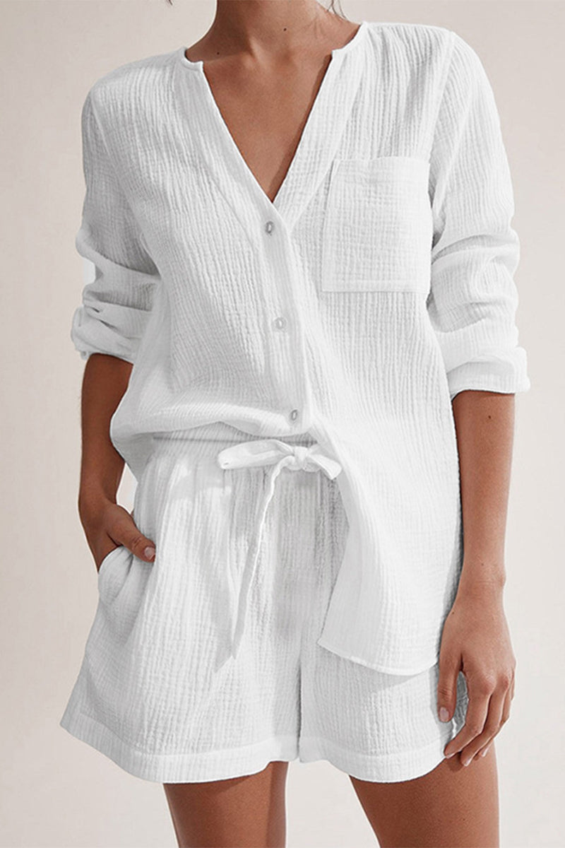 Simplicity Pocket Buttons Fold V Neck Long Sleeve Two Pieces