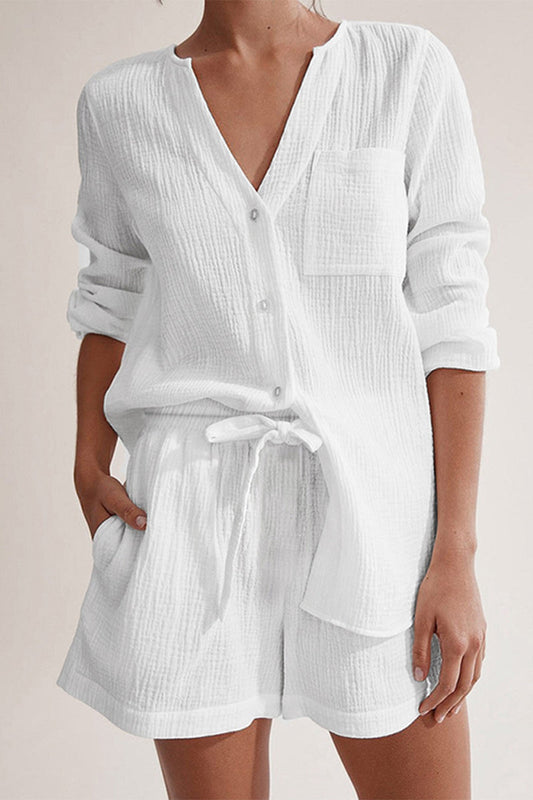 Simplicity Pocket Buttons Fold V Neck Long Sleeve Two Pieces
