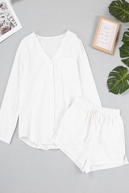 Simplicity Pocket Buttons Fold V Neck Long Sleeve Two Pieces