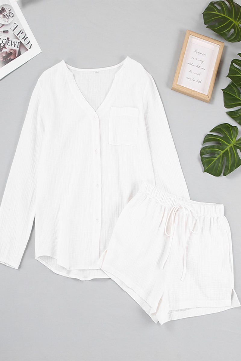 Simplicity Pocket Buttons Fold V Neck Long Sleeve Two Pieces