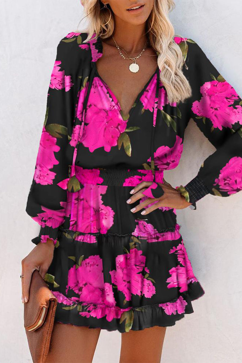 Geometric Print Frenulum Flounce Fold V Neck Waist Skirt Dresses